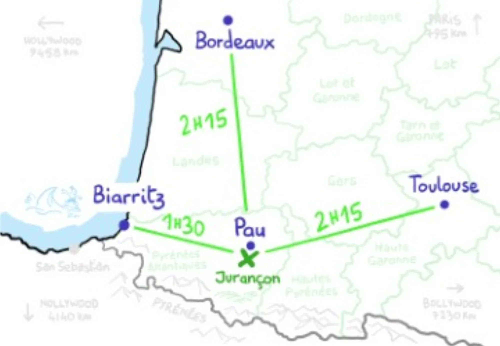 Carte des grandes villes accessibles : Toulouse, Bayonne, Biarritz, Bordeaux
